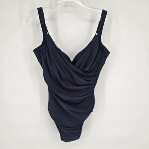 Miraclesuit Swimsuit Womens 12 Navy Blue One Piece Draped V Neck Tummy Control